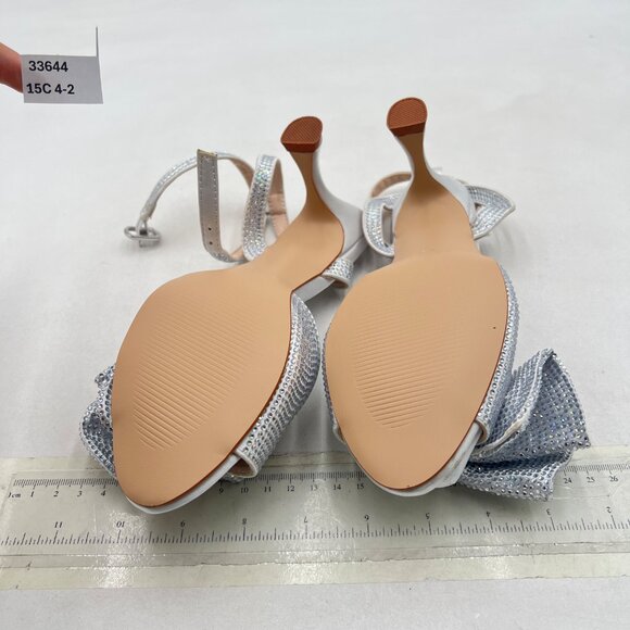 Milooey shoes Silver Glitter Rhinestone Bow Crystal Ankle Strap Mid Heels Sandal - Picture 7 of 8